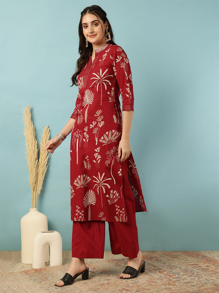 Rayon Calf Length Printed Straight 3/4 Sleeves Mandarin Neck Kurta Bottom Set