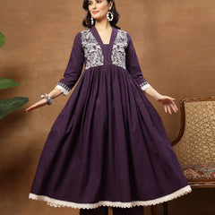 Cotton Calf Length Solid 3/4 Sleeves V-Neck Flared Kurta Suit Set