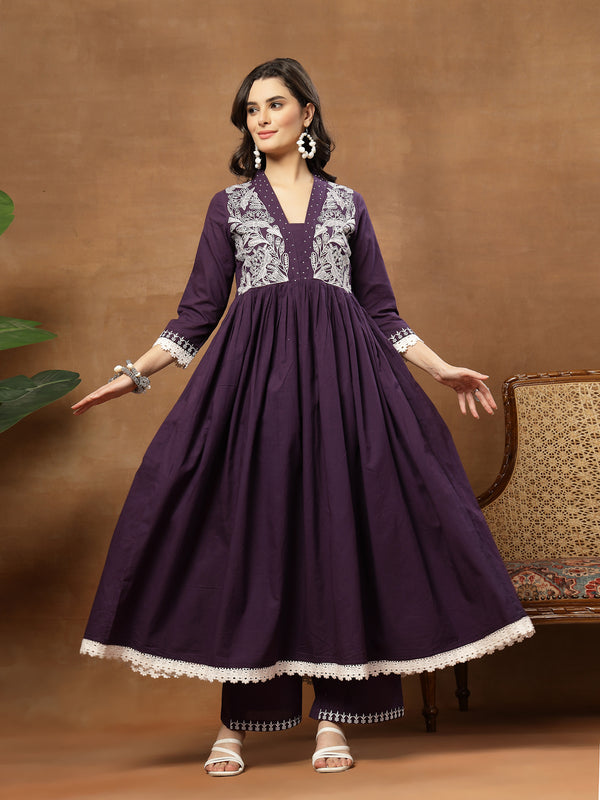 Cotton Calf Length Solid 3/4 Sleeves V-Neck Flared Kurta Suit Set