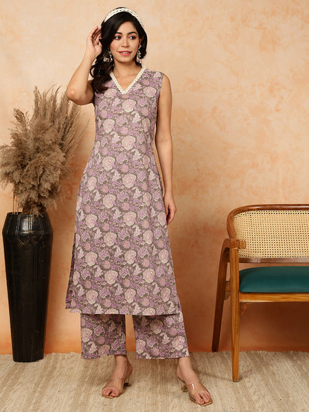 Lavender Cotton Calf Length Printed V-Neck Straight Kurta Palazzo Set