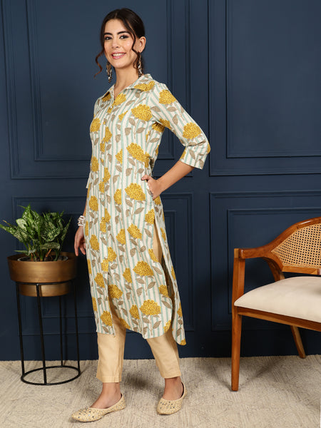 Mustard Cotton Flex Calf Length Printed Shirt Coller Straight Kurta