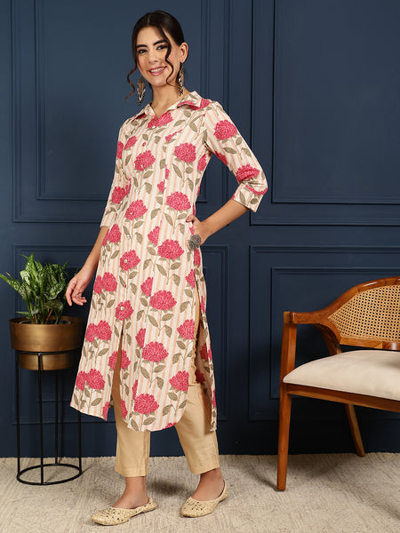 Pink Cotton Flex Calf Length Printed Shirt Coller Straight Kurta
