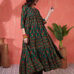 Cotton Calf Length Printed 3/4 Sleeves Key Hole Neck Anarkali Kurta Suit Set