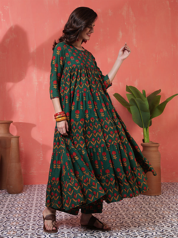 Cotton Calf Length Printed 3/4 Sleeves Key Hole Neck Anarkali Kurta Suit Set