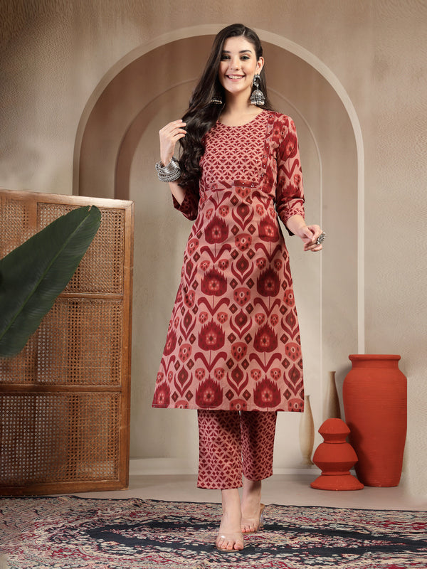 Gulmohar Jaipur Cotton Calf Length Printed 3/4 Sleeves Round Neck Straight Kurta Suit Set