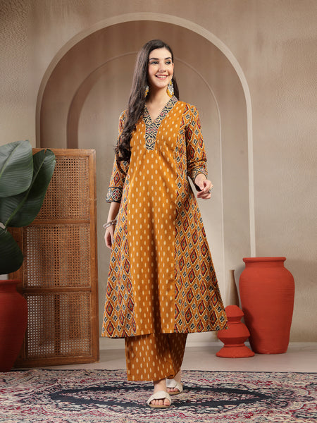 Gulmohar Jaipur Cotton Calf Length Printed 3/4 Sleeves V-Neck A-Line Kurta Suit Set