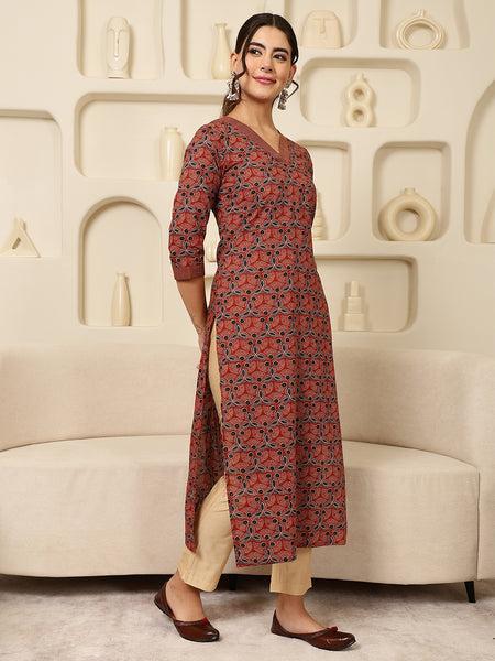 Maroon Rayon Calf Length Printed V-Neck Straight Kurta
