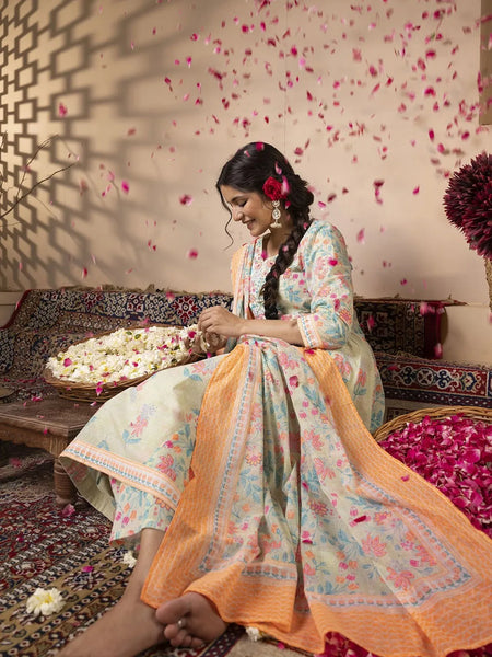 Mint Green Cotton Floral Print Embroidered Kurta Suit Set