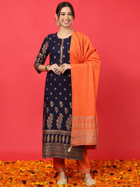 Navy Blue Printed Straight Rayon Kurta Suit Set