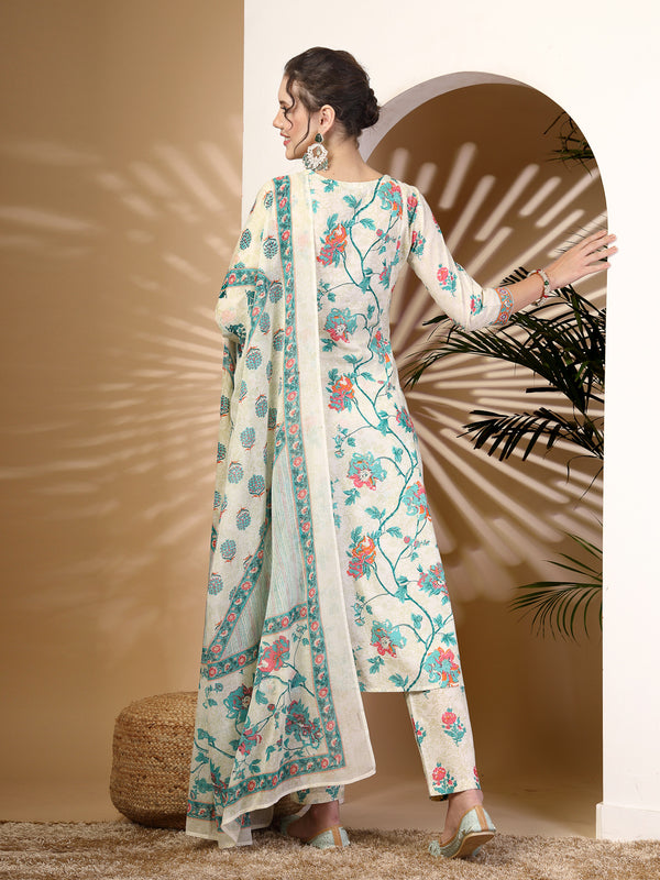 Off White Printed Cotton Kurta Suit Set