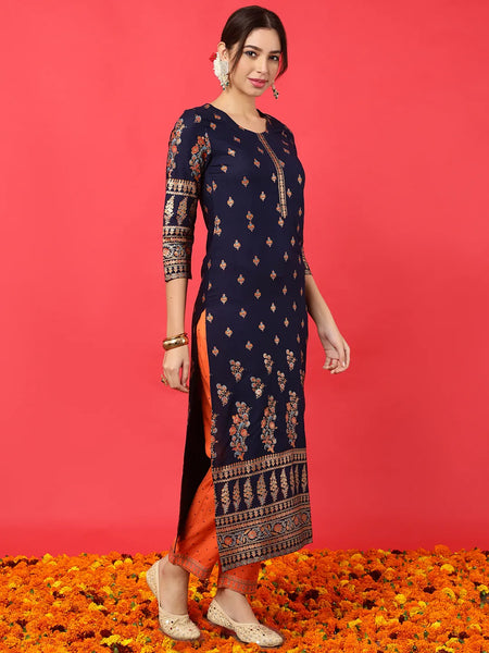 Navy Blue Printed Straight Rayon Kurta Suit Set