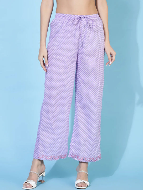 Lavender Leheriya Kurta With Embroidered Yoke And Floral Dupatta