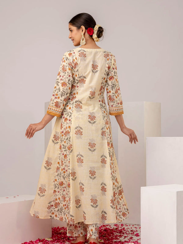 Off White Cotton Floral Print Embroidered Kurta Suit Set