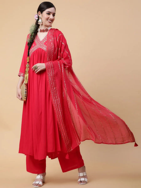 Coral Solid Embroidered On Yoke Kurta Suit Set