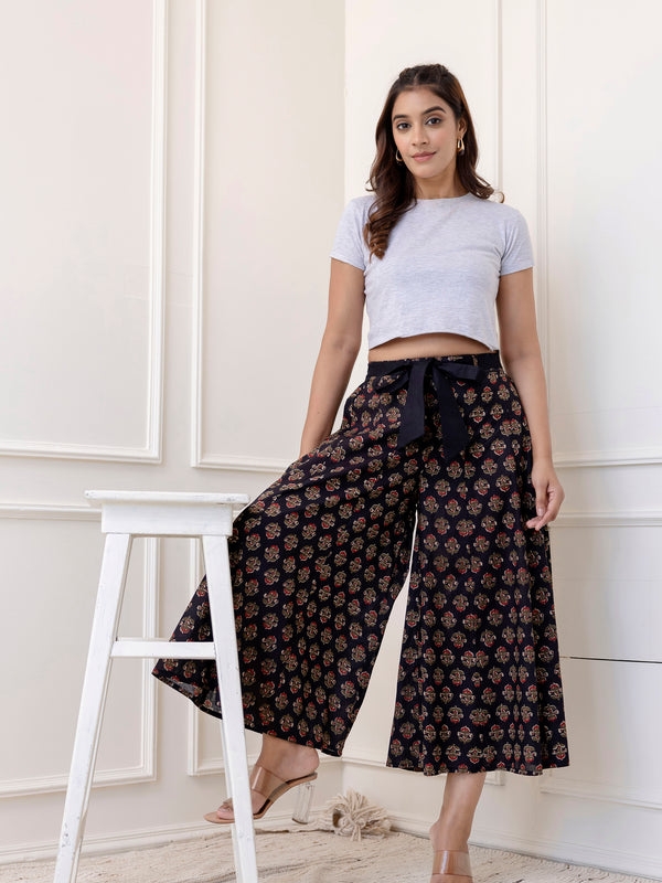 Navy Cotton Calf Length Printed Flared Palazzo