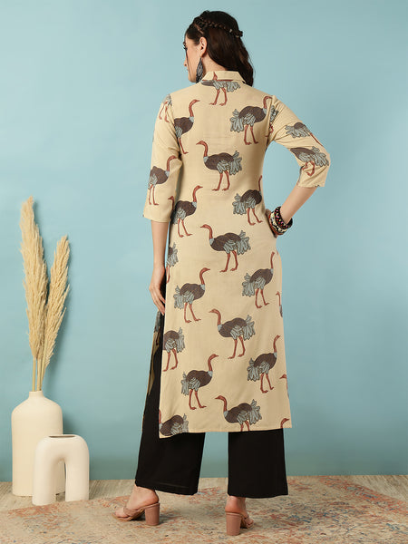 Rayon Calf Length Printed Straight 3/4 Sleeves Shirt Collar Kurta