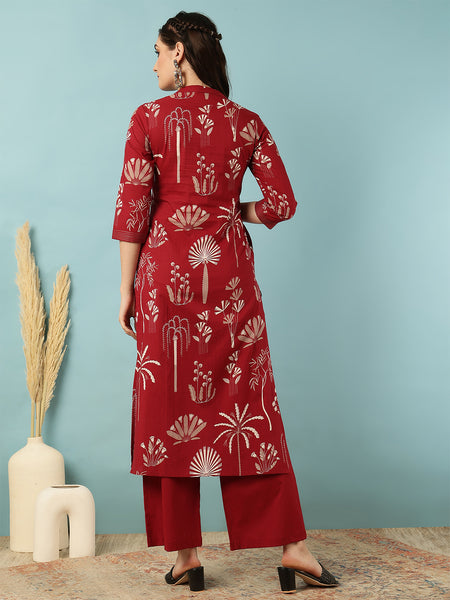 Rayon Calf Length Printed Straight 3/4 Sleeves Mandarin Neck Kurta Bottom Set