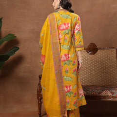 Cotton Calf Length Printed 3/4 Sleeves V-Neck Flared Kurta Suit Set