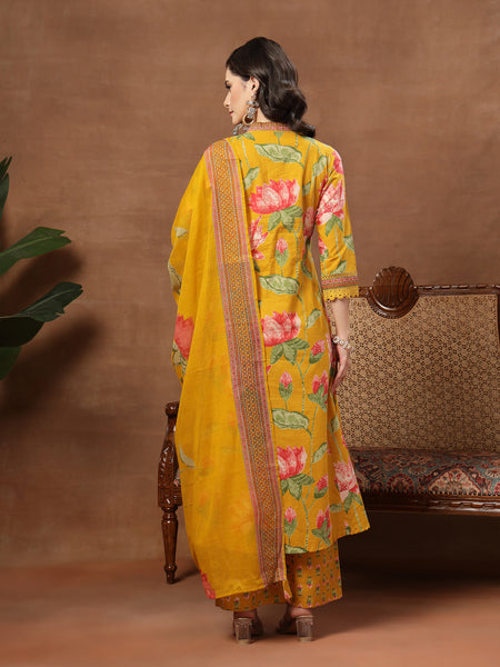 Cotton Calf Length Printed 3/4 Sleeves V-Neck Flared Kurta Suit Set