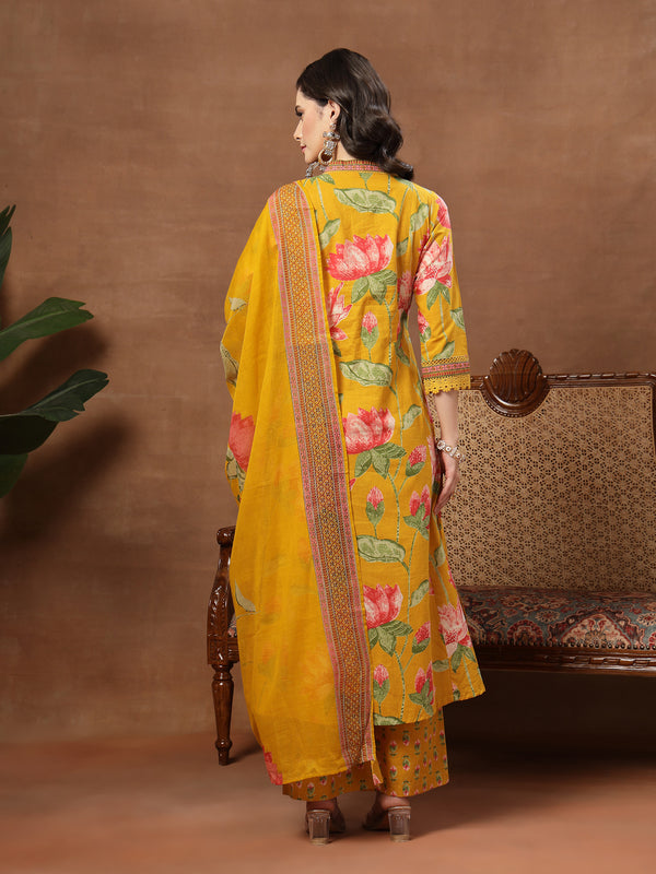 Cotton Calf Length Printed 3/4 Sleeves V-Neck Flared Kurta Suit Set