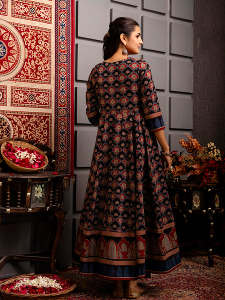 Navy Blue Cotton Calf Length Printed Anarkali Round Neck Kurta Suit Set