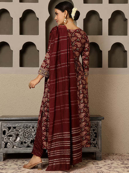 Maroon Rayon Calf Length Printed Round Flared Kurta Suit Set