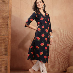 Gulmohar Jaipur Cotton Calf Length Printed 3/4 Sleeve V-Neck Straight Kurta
