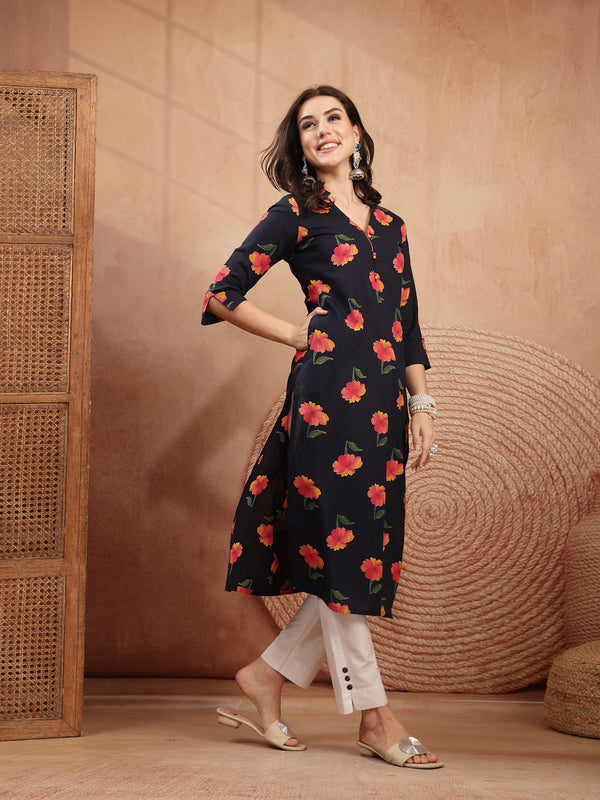 Gulmohar Jaipur Cotton Calf Length Printed 3/4 Sleeve V-Neck Straight Kurta