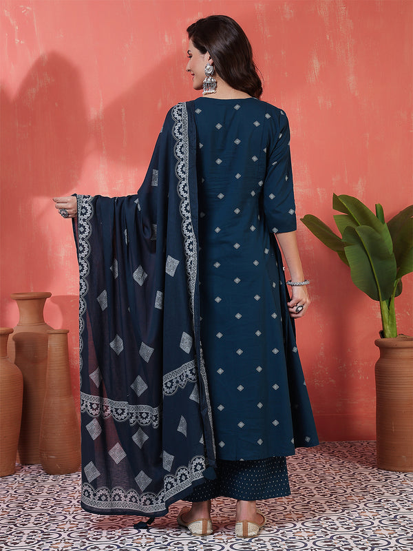 Rayon Calf Length Printed 3/4 Sleeves Round Neck Semi-Flared Kurta Suit Set