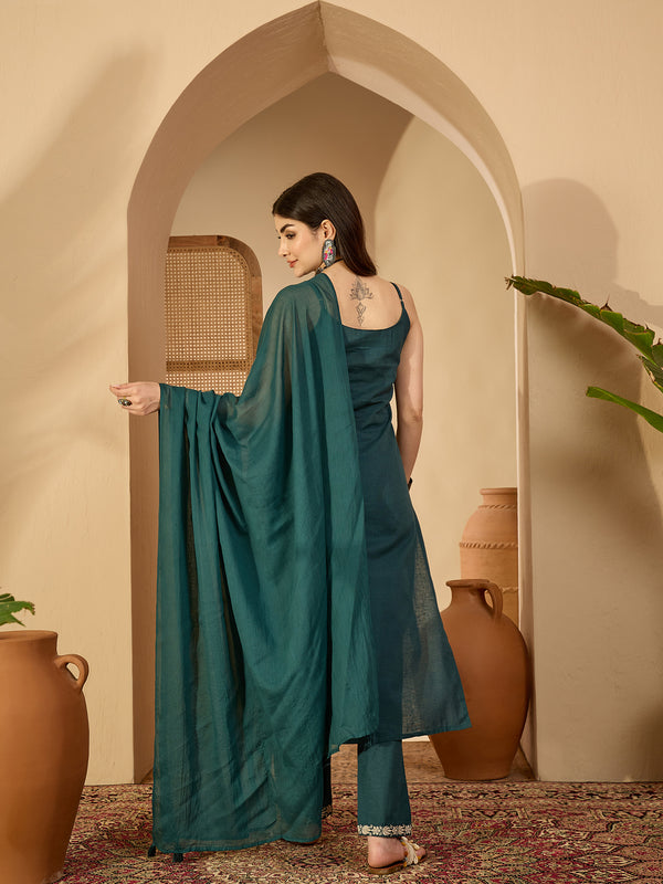 Gulmohar Jaipur Cotton Calf Length Solid Sleeveless V-Neck Straight Kurta Suit Set