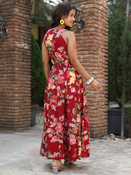 Maroon Cotton Ankle Length Printed Flared V-Neck Dress