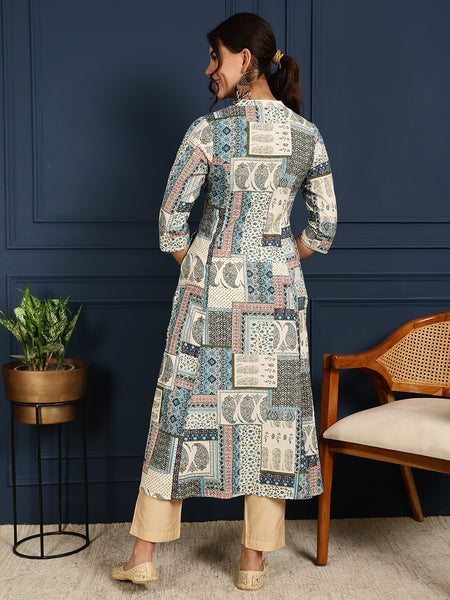 Blue Cotton Flex Calf Length Printed Mandarin Coller A-Line Kurta