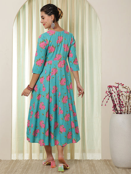 Blue Rayon Calf Length Printed Flared V-Neck Kurta