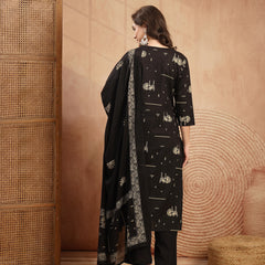 Gulmohar Jaipur Rayon Calf Length Printed 3/4 Sleeves V-Neck Straight Kurta Suit Set