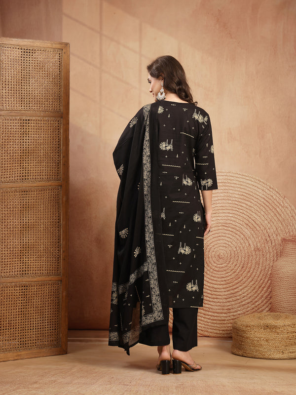 Gulmohar Jaipur Rayon Calf Length Printed 3/4 Sleeves V-Neck Straight Kurta Suit Set