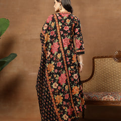 Cotton Calf Length Printed 3/4 Sleeves V-Neck Flared Kurta Suit Set