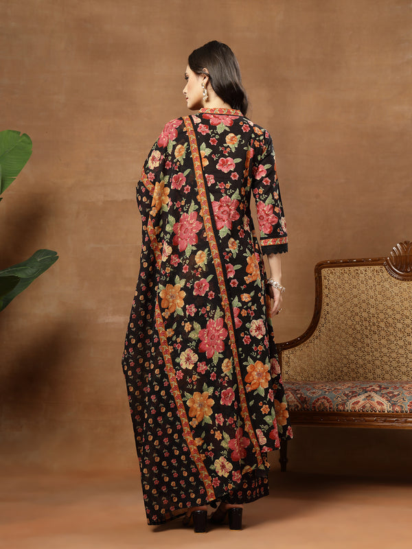 Cotton Calf Length Printed 3/4 Sleeves V-Neck Flared Kurta Suit Set