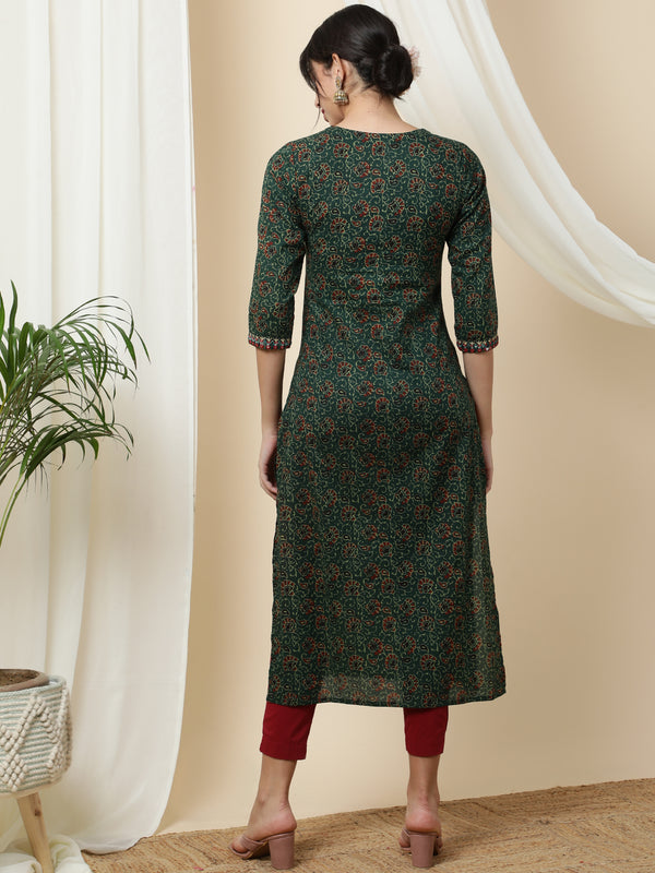 Cotton Calf Length Printed Straight 3/4 Sleeves Round Kurta