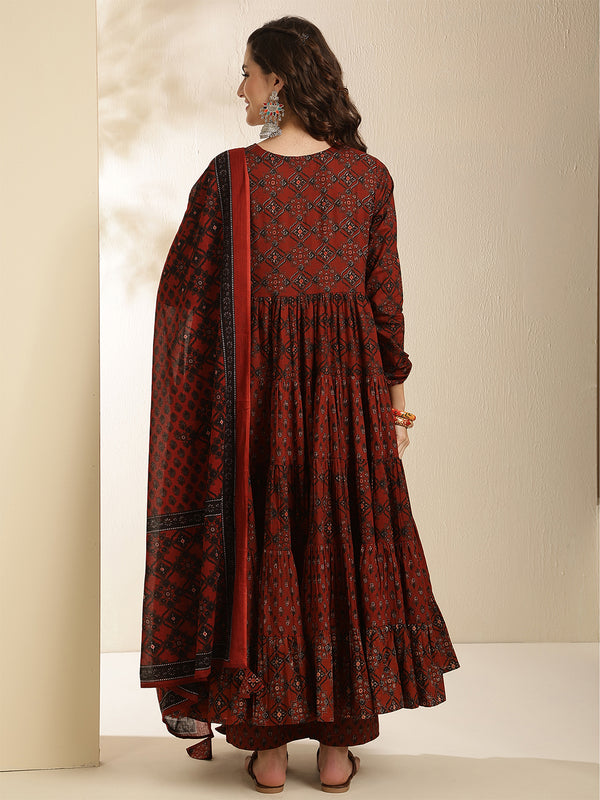 Maroon Pure Cotton Printed Keyhole Neck Anarkali Kurta Suit Set
