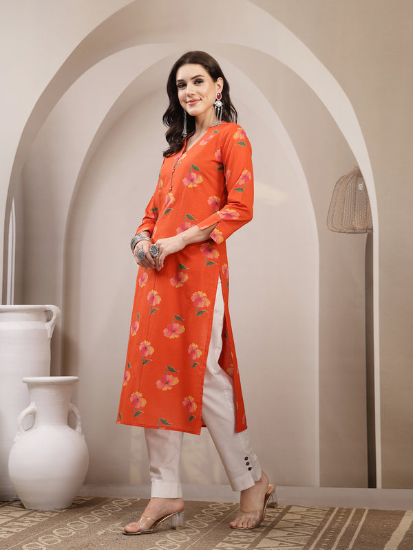 Gulmohar Jaipur Cotton Calf Length Printed 3/4 Sleeve V-Neck Straight Kurta