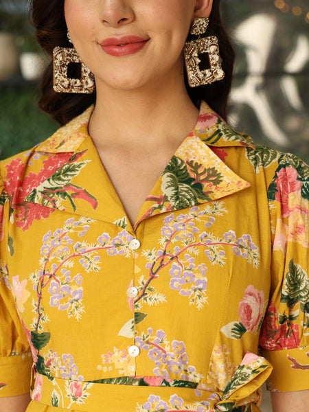 Yellow Cotton Hip Length Printed Shirt Collar Flared Top Palazzo Set