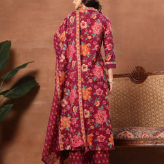Cotton Calf Length Printed 3/4 Sleeves V-Neck Flared Kurta Suit Set
