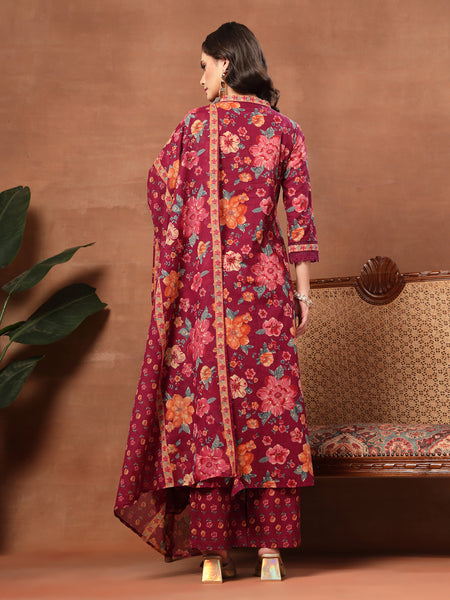 Cotton Calf Length Printed 3/4 Sleeves V-Neck Flared Kurta Suit Set