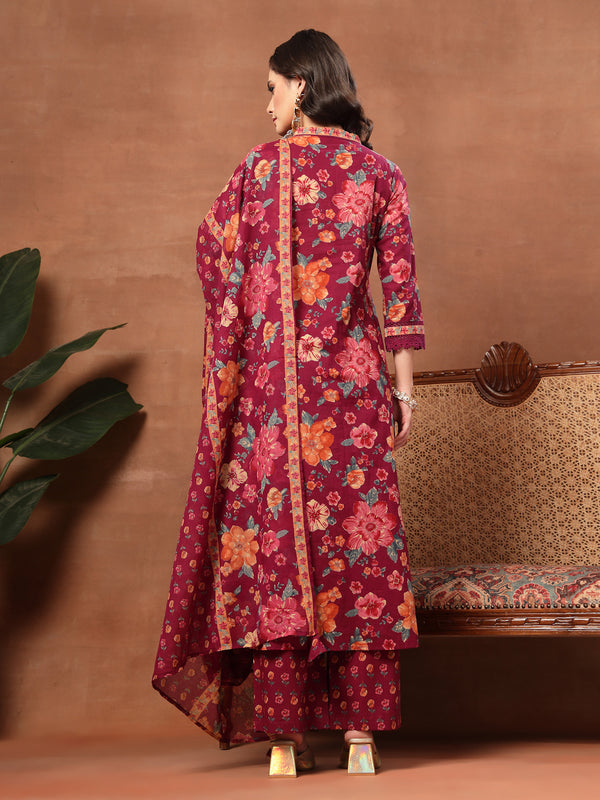 Cotton Calf Length Printed 3/4 Sleeves V-Neck Flared Kurta Suit Set