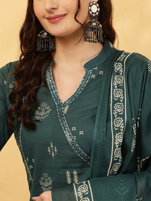 Rayon Calf Length Printed Straight 3/4 Sleeves V-Neck Kurta Bottom Dupatta Set
