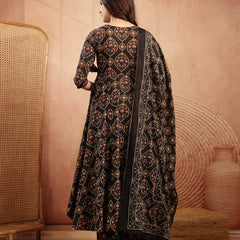 Gulmohar Jaipur Cotton Calf Length Printed 3/4 Sleeves V-Neck Anarkali Kurta Suit Set