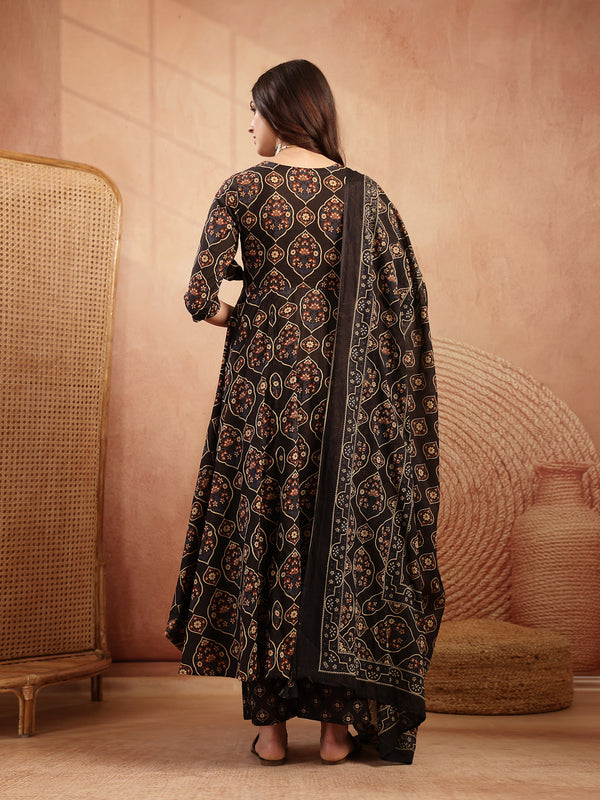 Gulmohar Jaipur Cotton Calf Length Printed 3/4 Sleeves V-Neck Anarkali Kurta Suit Set