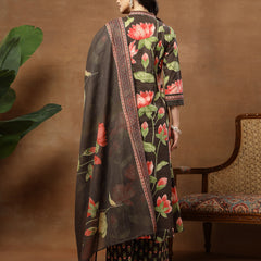 Cotton Calf Length Printed 3/4 Sleeves V-Neck Flared Kurta Suit Set