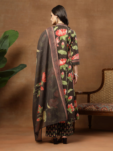 Cotton Calf Length Printed 3/4 Sleeves V-Neck Flared Kurta Suit Set