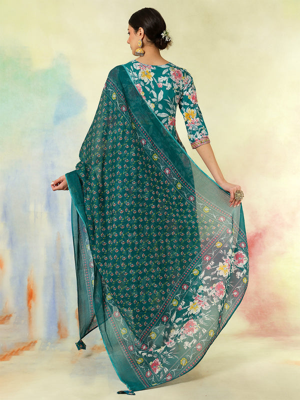 Black Pure Cotton Printed Embroidered Anarkali Kurta Suit Set